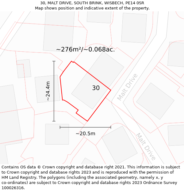 30, MALT DRIVE, SOUTH BRINK, WISBECH, PE14 0SR: Plot and title map