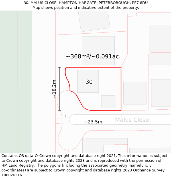 30, MALUS CLOSE, HAMPTON HARGATE, PETERBOROUGH, PE7 8DU: Plot and title map