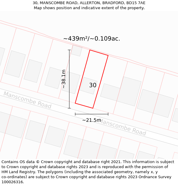 30, MANSCOMBE ROAD, ALLERTON, BRADFORD, BD15 7AE: Plot and title map