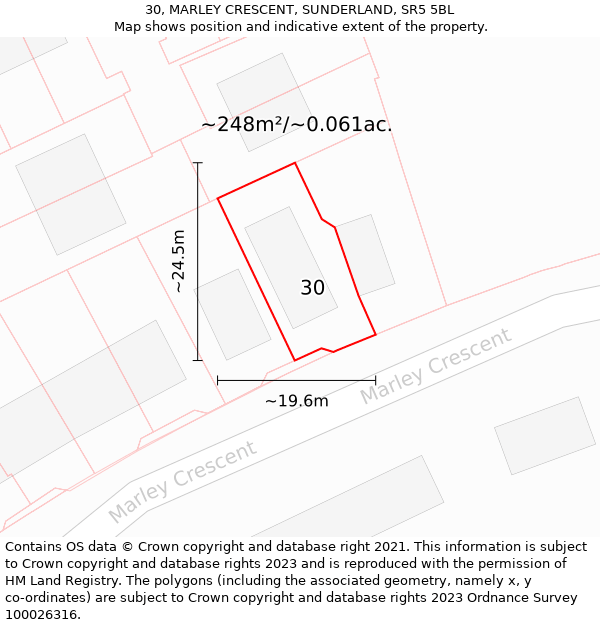 30, MARLEY CRESCENT, SUNDERLAND, SR5 5BL: Plot and title map