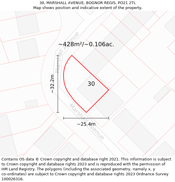 30, MARSHALL AVENUE, BOGNOR REGIS, PO21 2TL: Plot and title map