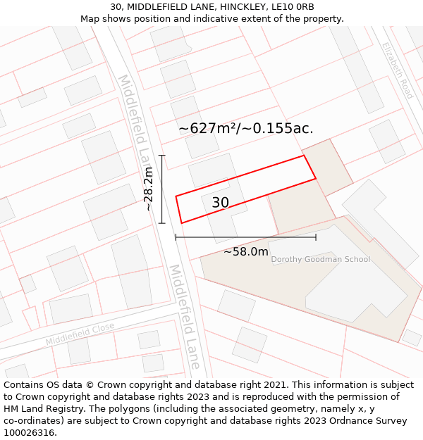 30, MIDDLEFIELD LANE, HINCKLEY, LE10 0RB: Plot and title map