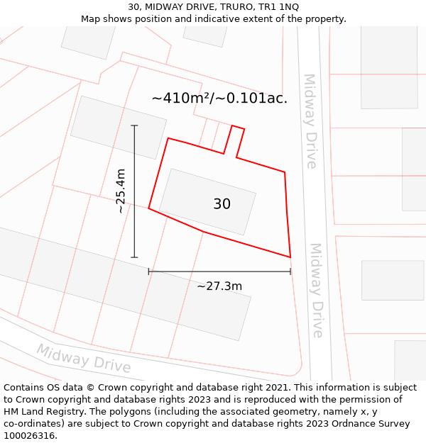 30, MIDWAY DRIVE, TRURO, TR1 1NQ: Plot and title map