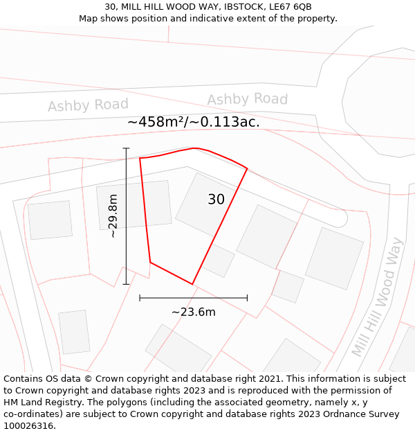 30, MILL HILL WOOD WAY, IBSTOCK, LE67 6QB: Plot and title map