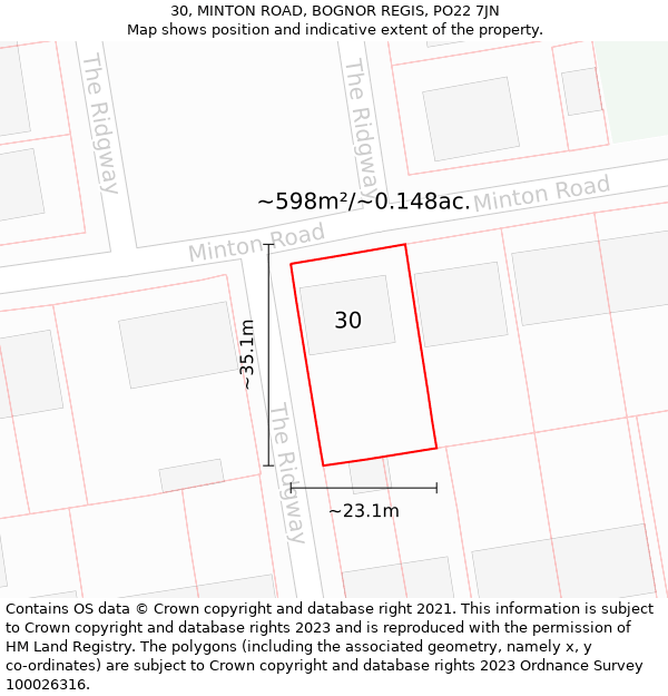 30, MINTON ROAD, BOGNOR REGIS, PO22 7JN: Plot and title map