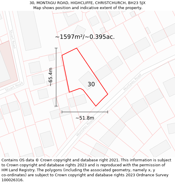 30, MONTAGU ROAD, HIGHCLIFFE, CHRISTCHURCH, BH23 5JX: Plot and title map