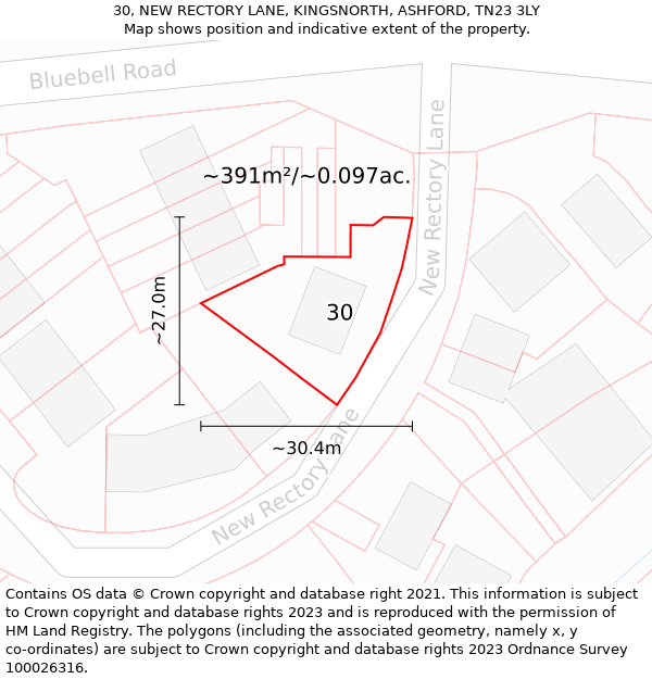 30, NEW RECTORY LANE, KINGSNORTH, ASHFORD, TN23 3LY: Plot and title map