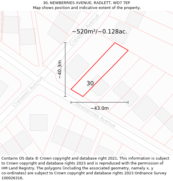 30, NEWBERRIES AVENUE, RADLETT, WD7 7EP: Plot and title map