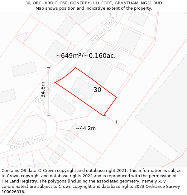 30, ORCHARD CLOSE, GONERBY HILL FOOT, GRANTHAM, NG31 8HD: Plot and title map