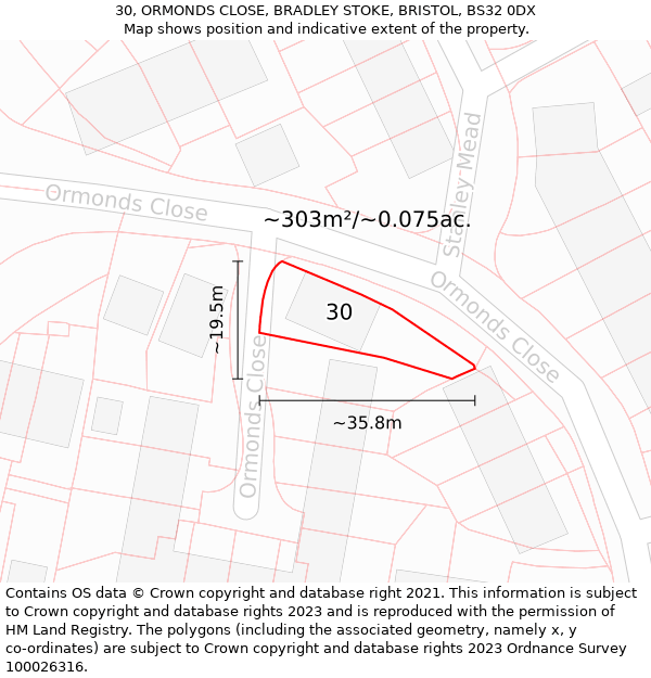 30, ORMONDS CLOSE, BRADLEY STOKE, BRISTOL, BS32 0DX: Plot and title map