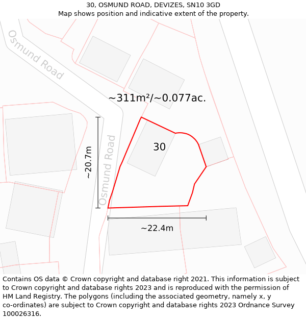 30, OSMUND ROAD, DEVIZES, SN10 3GD: Plot and title map