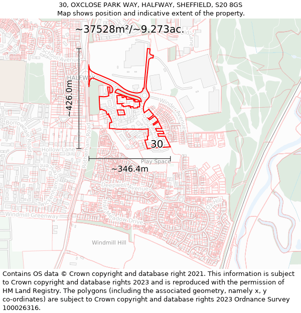 30, OXCLOSE PARK WAY, HALFWAY, SHEFFIELD, S20 8GS: Plot and title map