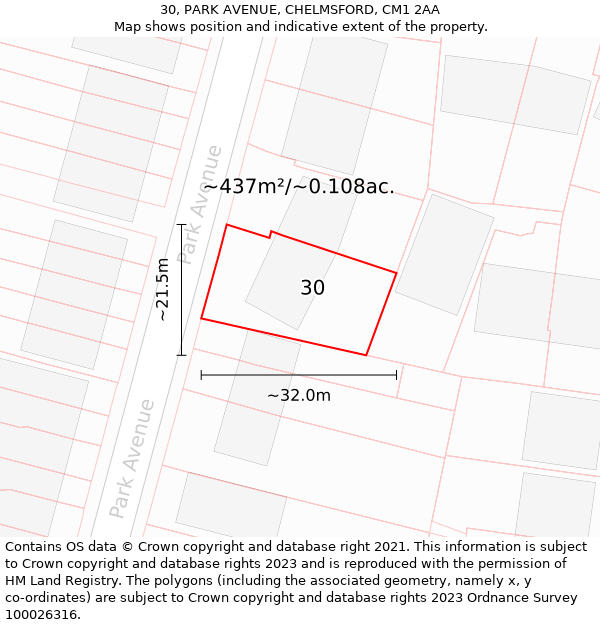 30, PARK AVENUE, CHELMSFORD, CM1 2AA: Plot and title map