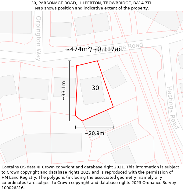 30, PARSONAGE ROAD, HILPERTON, TROWBRIDGE, BA14 7TL: Plot and title map