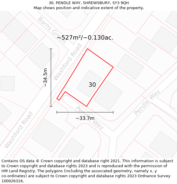 30, PENDLE WAY, SHREWSBURY, SY3 9QH: Plot and title map