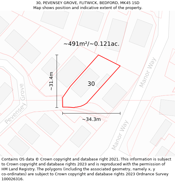 30, PEVENSEY GROVE, FLITWICK, BEDFORD, MK45 1SD: Plot and title map