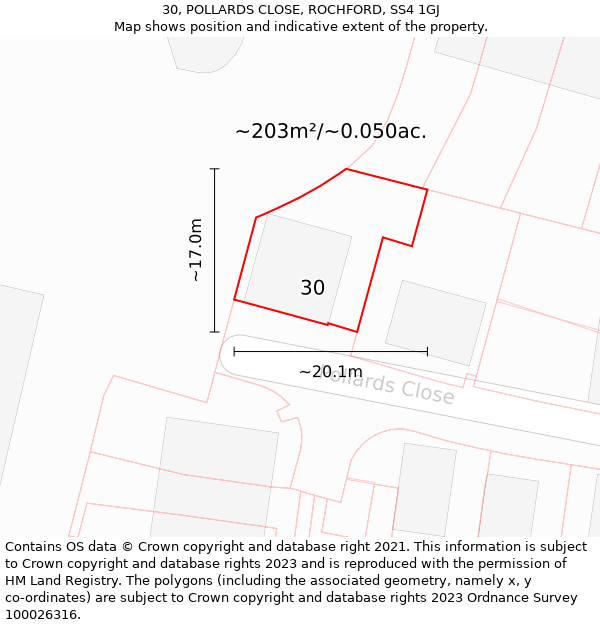 30, POLLARDS CLOSE, ROCHFORD, SS4 1GJ: Plot and title map