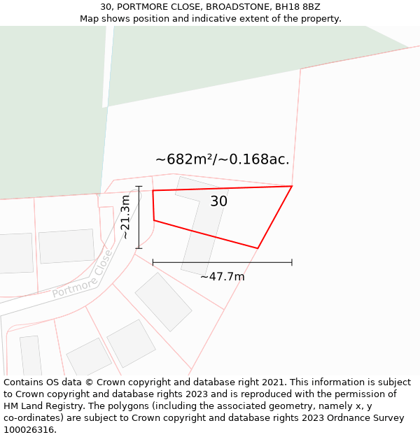 30, PORTMORE CLOSE, BROADSTONE, BH18 8BZ: Plot and title map