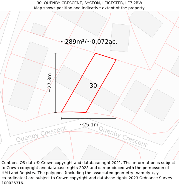 30, QUENBY CRESCENT, SYSTON, LEICESTER, LE7 2BW: Plot and title map