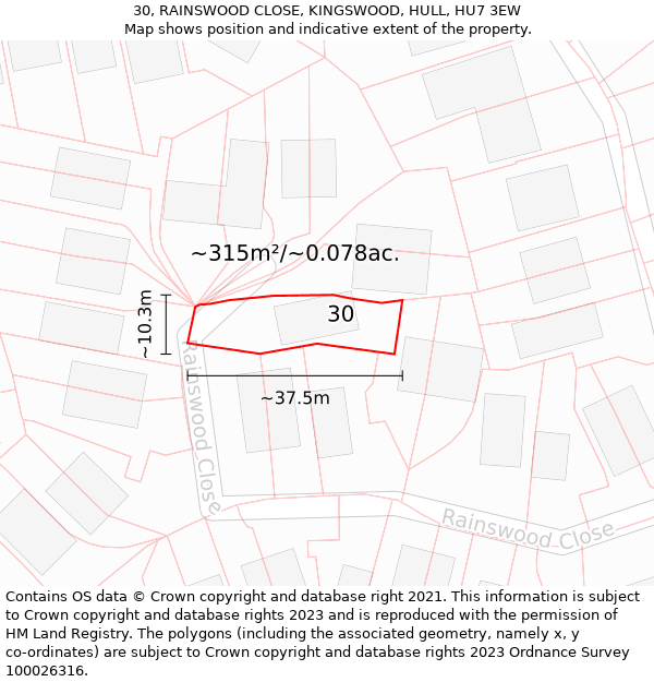 30, RAINSWOOD CLOSE, KINGSWOOD, HULL, HU7 3EW: Plot and title map