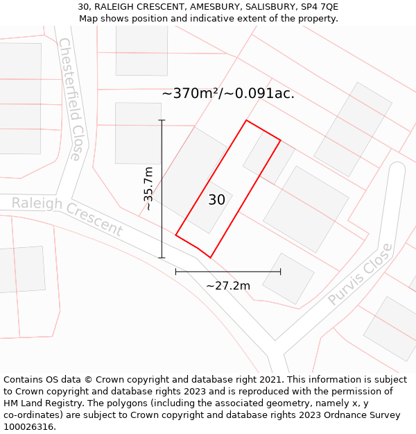 30, RALEIGH CRESCENT, AMESBURY, SALISBURY, SP4 7QE: Plot and title map