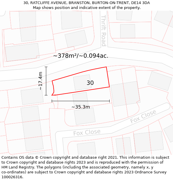 30, RATCLIFFE AVENUE, BRANSTON, BURTON-ON-TRENT, DE14 3DA: Plot and title map