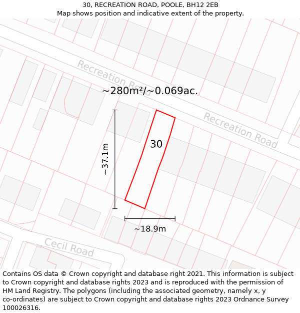 30, RECREATION ROAD, POOLE, BH12 2EB: Plot and title map