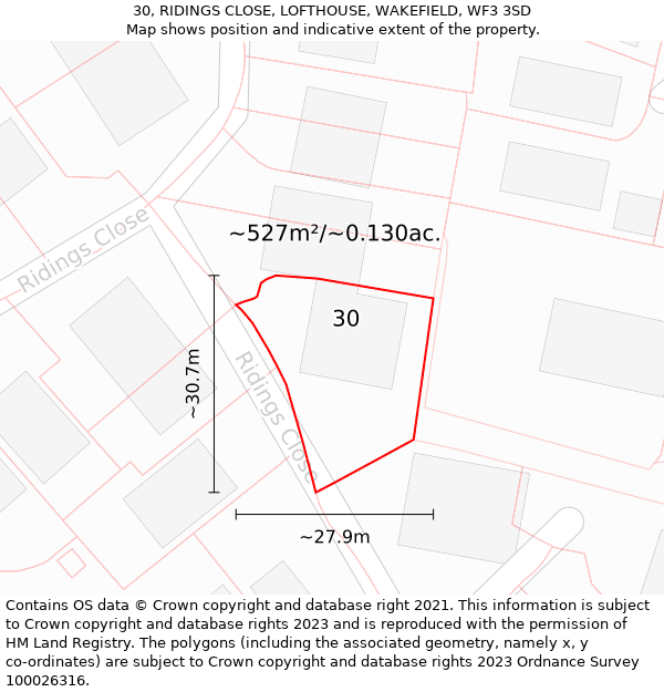 30, RIDINGS CLOSE, LOFTHOUSE, WAKEFIELD, WF3 3SD: Plot and title map