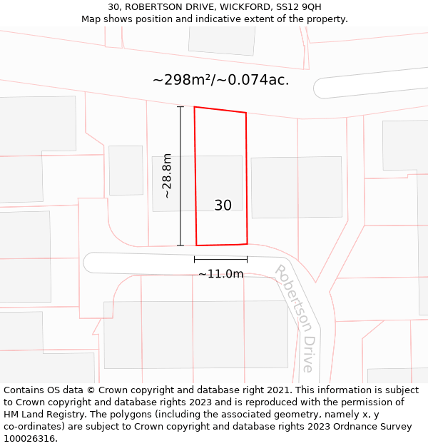 30, ROBERTSON DRIVE, WICKFORD, SS12 9QH: Plot and title map
