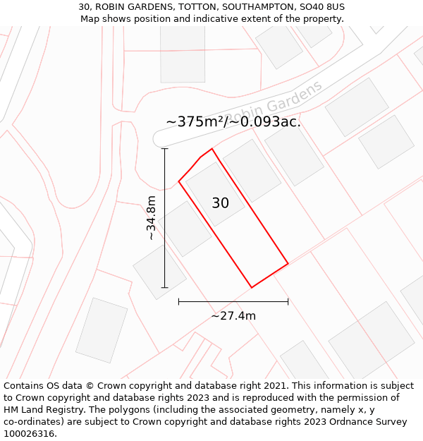 30, ROBIN GARDENS, TOTTON, SOUTHAMPTON, SO40 8US: Plot and title map