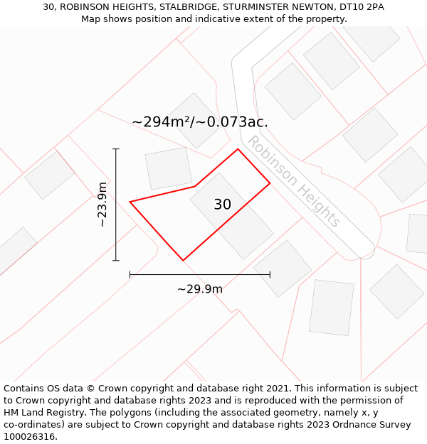 30, ROBINSON HEIGHTS, STALBRIDGE, STURMINSTER NEWTON, DT10 2PA: Plot and title map