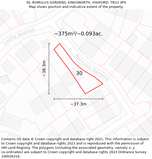 30, ROMULUS GARDENS, KINGSNORTH, ASHFORD, TN23 3PX: Plot and title map