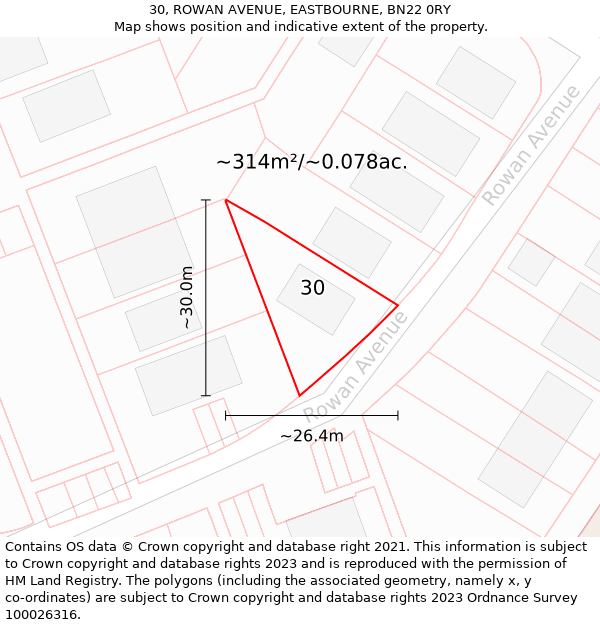 30, ROWAN AVENUE, EASTBOURNE, BN22 0RY: Plot and title map