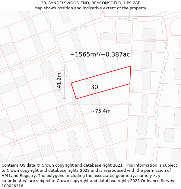 30, SANDELSWOOD END, BEACONSFIELD, HP9 2AE: Plot and title map