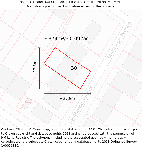 30, SEATHORPE AVENUE, MINSTER ON SEA, SHEERNESS, ME12 2LT: Plot and title map