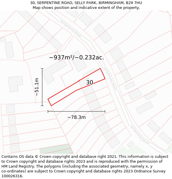 30, SERPENTINE ROAD, SELLY PARK, BIRMINGHAM, B29 7HU: Plot and title map