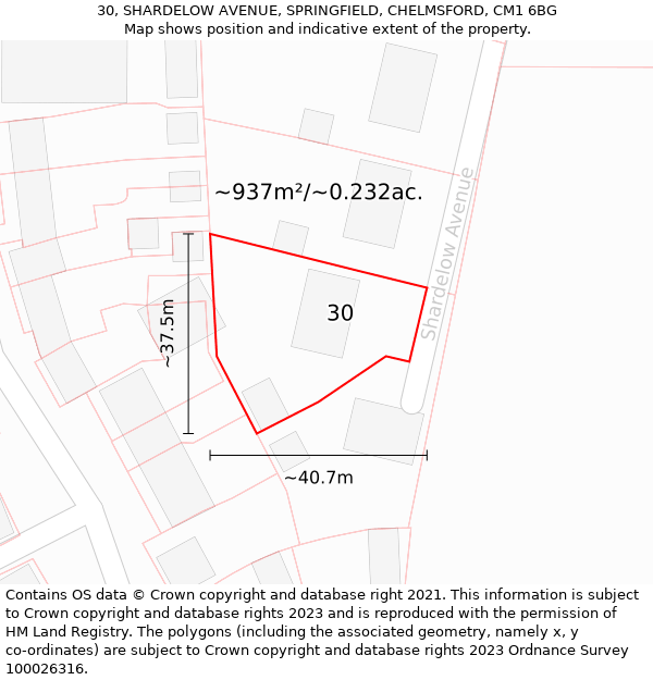 30, SHARDELOW AVENUE, SPRINGFIELD, CHELMSFORD, CM1 6BG: Plot and title map