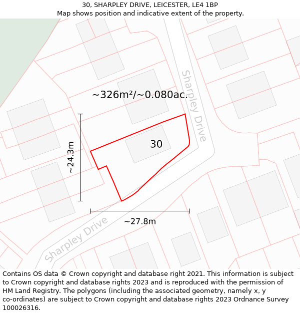 30, SHARPLEY DRIVE, LEICESTER, LE4 1BP: Plot and title map