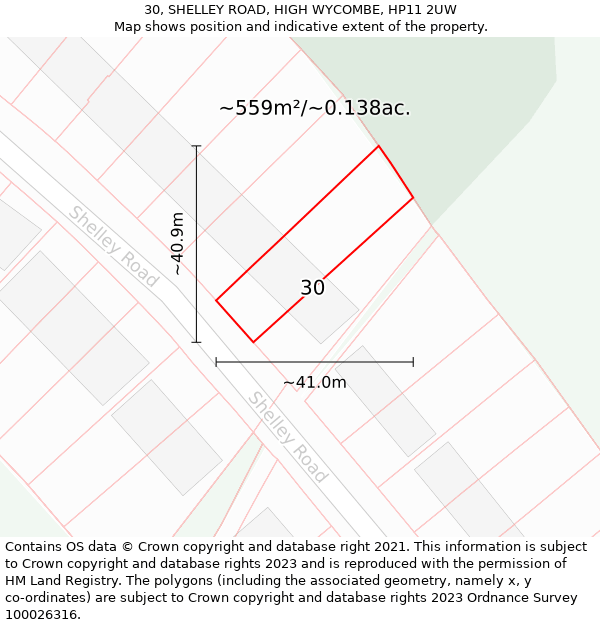 30, SHELLEY ROAD, HIGH WYCOMBE, HP11 2UW: Plot and title map