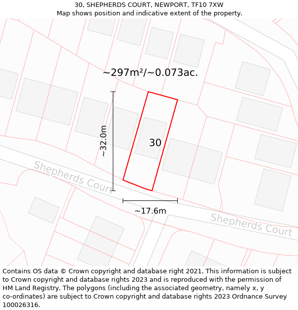 30, SHEPHERDS COURT, NEWPORT, TF10 7XW: Plot and title map