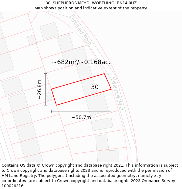 30, SHEPHERDS MEAD, WORTHING, BN14 0HZ: Plot and title map