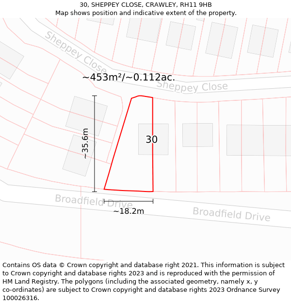 30, SHEPPEY CLOSE, CRAWLEY, RH11 9HB: Plot and title map