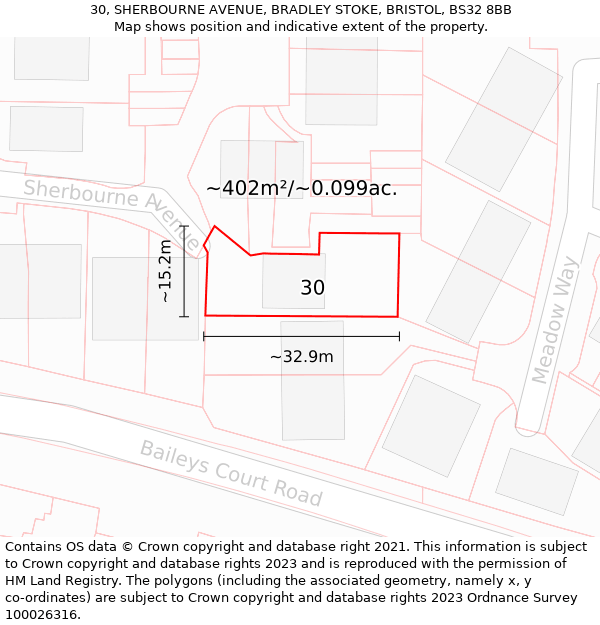 30, SHERBOURNE AVENUE, BRADLEY STOKE, BRISTOL, BS32 8BB: Plot and title map