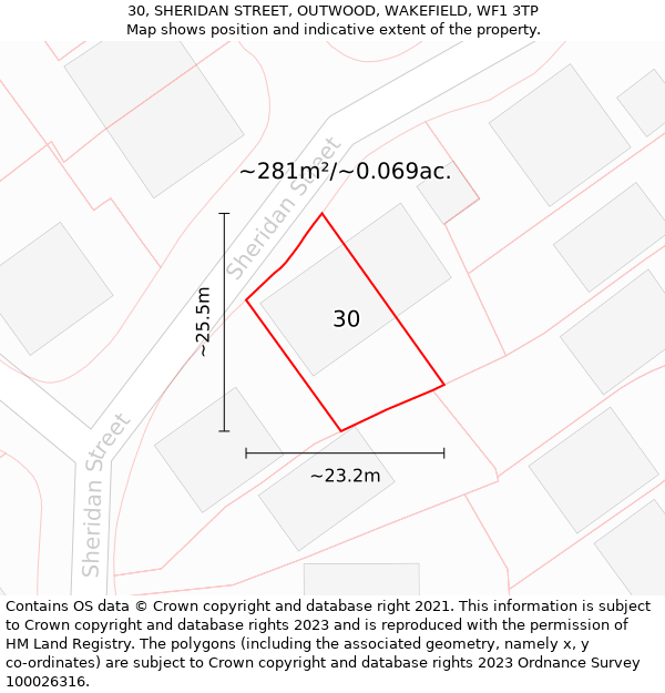 30, SHERIDAN STREET, OUTWOOD, WAKEFIELD, WF1 3TP: Plot and title map