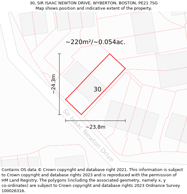 30, SIR ISAAC NEWTON DRIVE, WYBERTON, BOSTON, PE21 7SG: Plot and title map