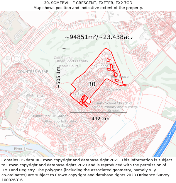 30, SOMERVILLE CRESCENT, EXETER, EX2 7GD: Plot and title map