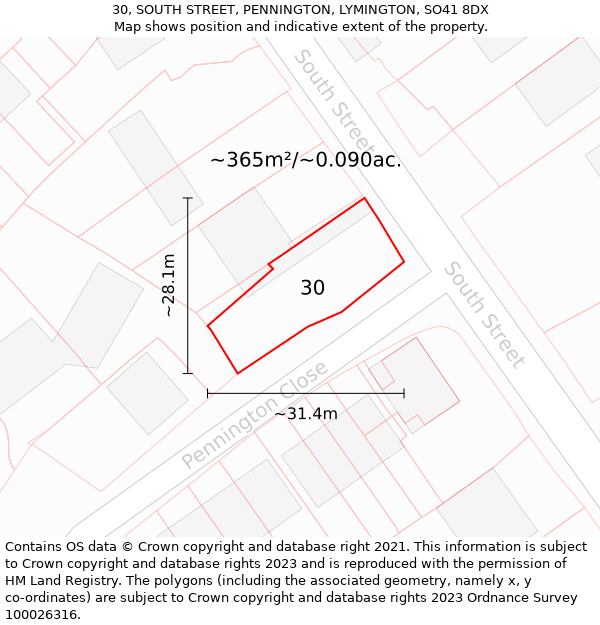 30, SOUTH STREET, PENNINGTON, LYMINGTON, SO41 8DX: Plot and title map