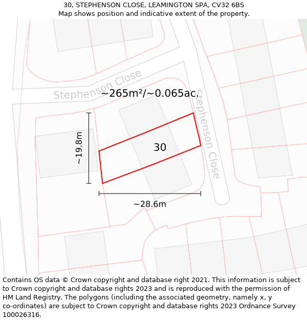30, STEPHENSON CLOSE, LEAMINGTON SPA, CV32 6BS: Plot and title map