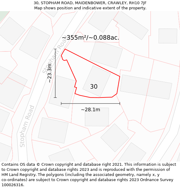 30, STOPHAM ROAD, MAIDENBOWER, CRAWLEY, RH10 7JF: Plot and title map