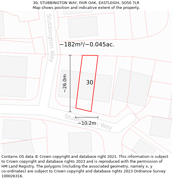 30, STUBBINGTON WAY, FAIR OAK, EASTLEIGH, SO50 7LR: Plot and title map